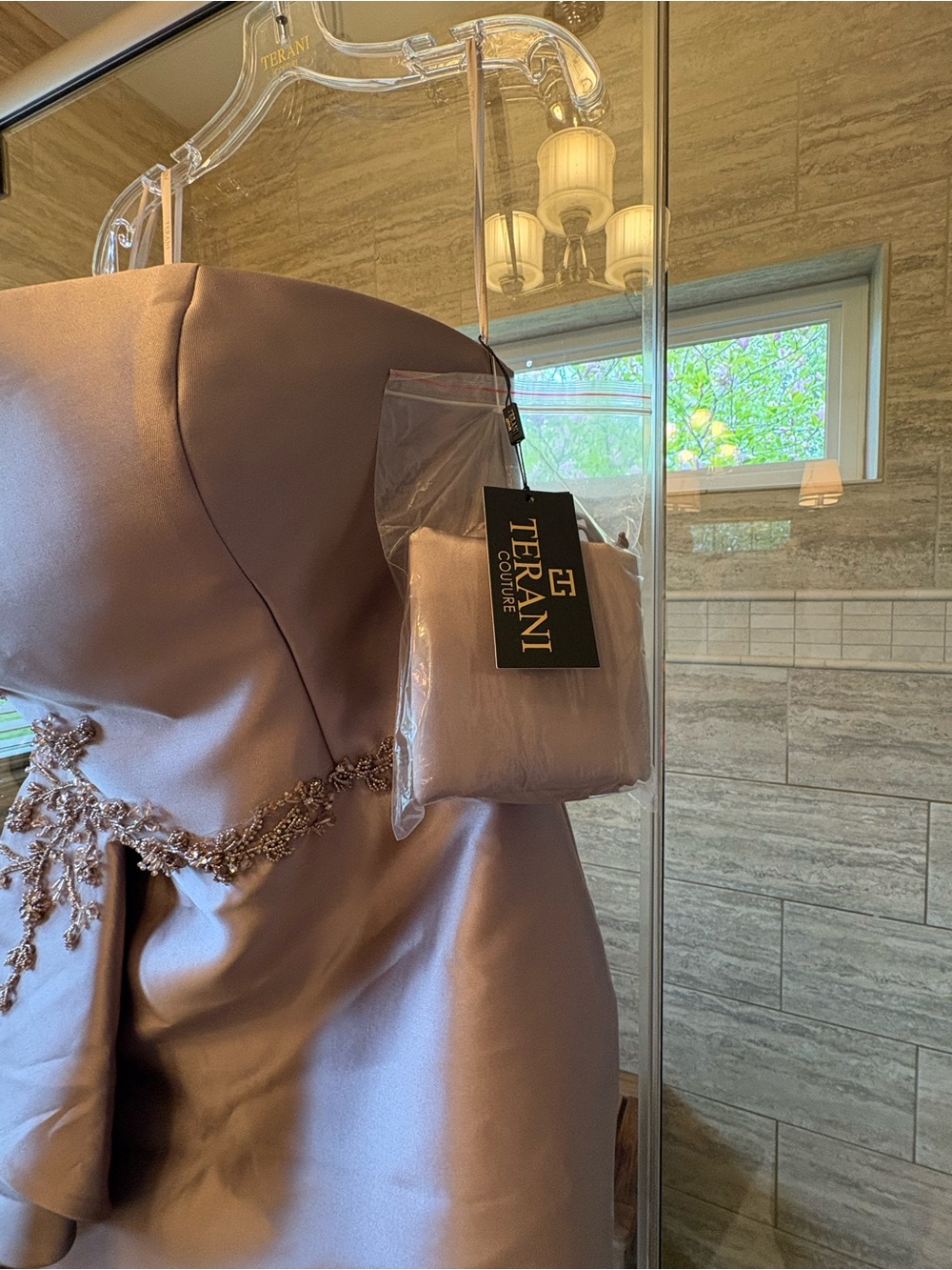 Terani Couture Champagne Satin Mermaid Gown with Draped Capelet Detail - Picture 4 of 9